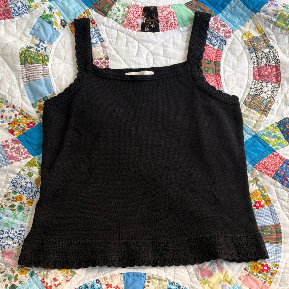 LOFT Black Knit Scallop-Trim Tank Top NWT